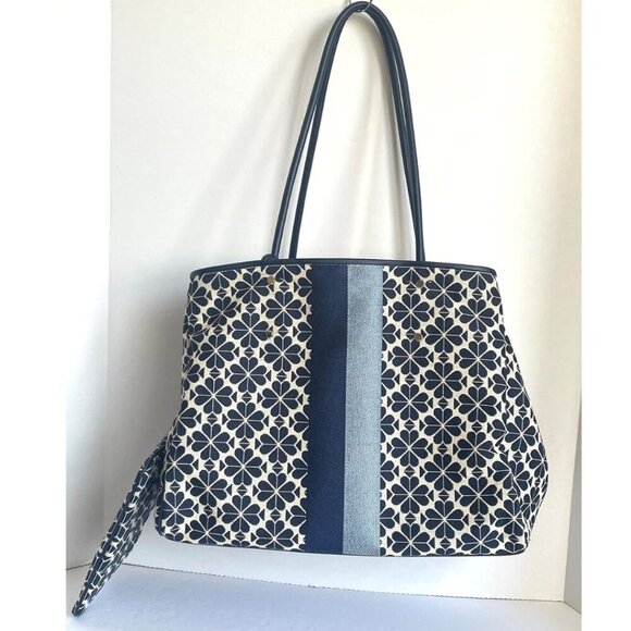 Kate Spade Everything Tote Large Flower Jacquard Stripe Blue Wristlet Adjustable - Picture 4 of 16